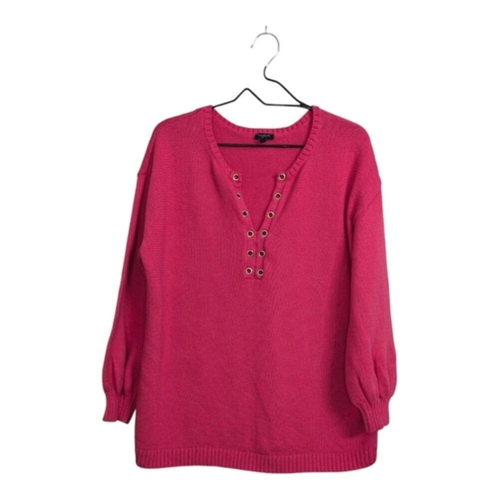 Talbots Plus Hot Pink Knit Pullover Sweater Sz 1X Split V-Neck With Ring Details